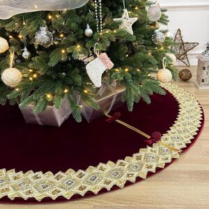 84-Inch Venetian Gilded Christmas Tree Skirt w/Gold Glitter Band Decor and Bu...